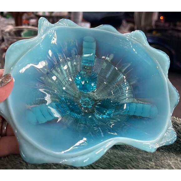 Stunning Opalescent Blue Northwood Glass Klondike Pattern Footed Bowl Antique - Picture 1 of 8